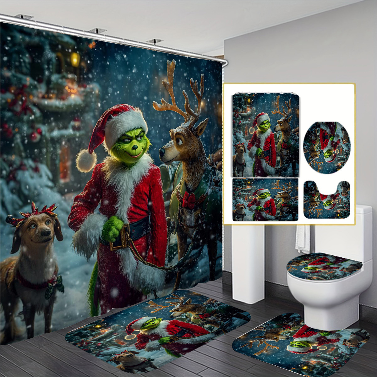 

Christmas Decoration 1/4pcs Shower Curtain Set 12 , Shower Curtain, Bath Mat, And U-shaped Rug, Bathroom Decoration Set