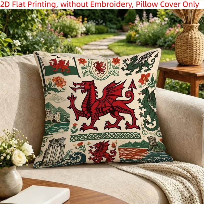 TEMU 1pc, 2d Flat Printing, Pillow Cover With Welsh Dragon, Castle, Celtic Knot, Flower, Landscape, Single-sided Printing, Without Embroidery, Pillow