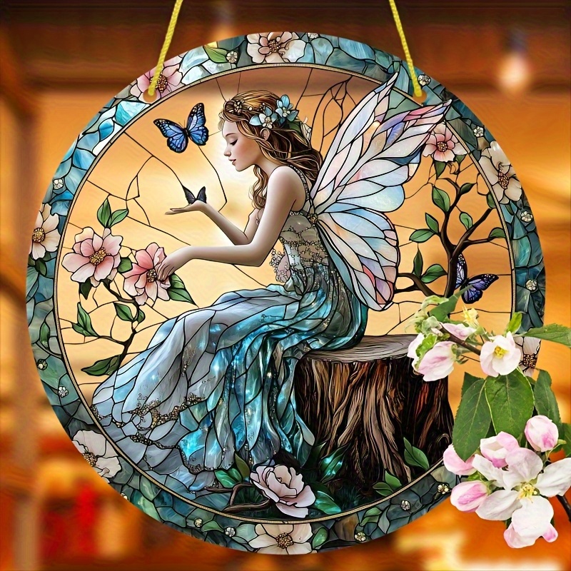 E-shop 2D Flacher, Handgefertigter Böhmischer -Sonnenfänger - Lebendige Florale & Schmetterlings-Acryl-Wandkunst, Elektrizitätsfreier Natürlicher