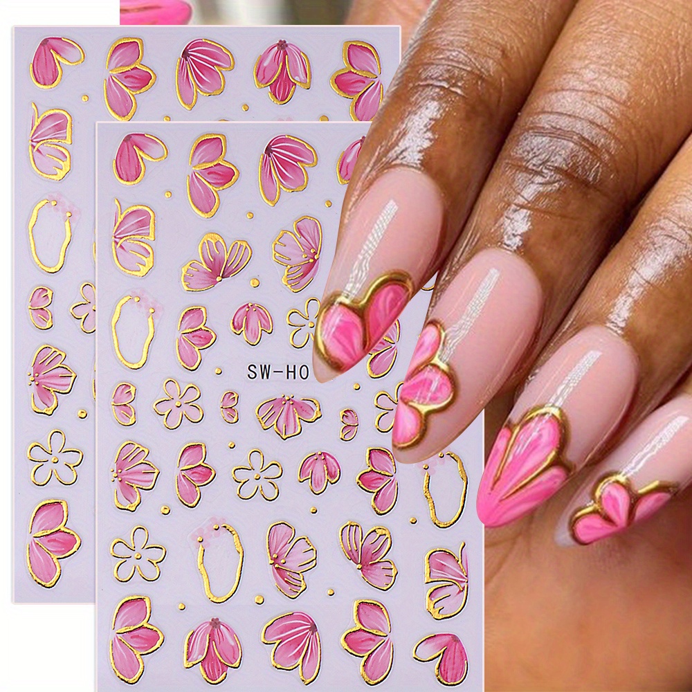 

2pcs Pink Blossom Nail Stickers With Golden Accents, 3d Self-adhesive Floral Nail Art Decals, Glitter , Plant Theme Embellishments For Women's Manicure, Single Use Plastic Nail Decor