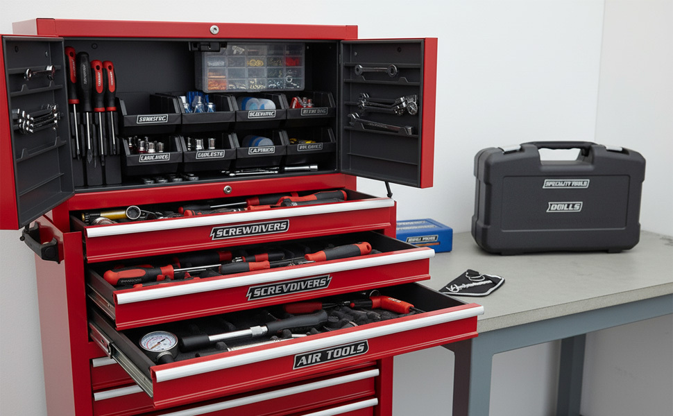 12枚磁 箱标签 - 带工具图标（扳手、螺丝刀、锤子）的重型磁性底座 - 适用于钢制工具箱、橱柜、抽屉 - 节省空间的工具整理系统，适用于车间与收纳 - 安装简便 商品详情 1