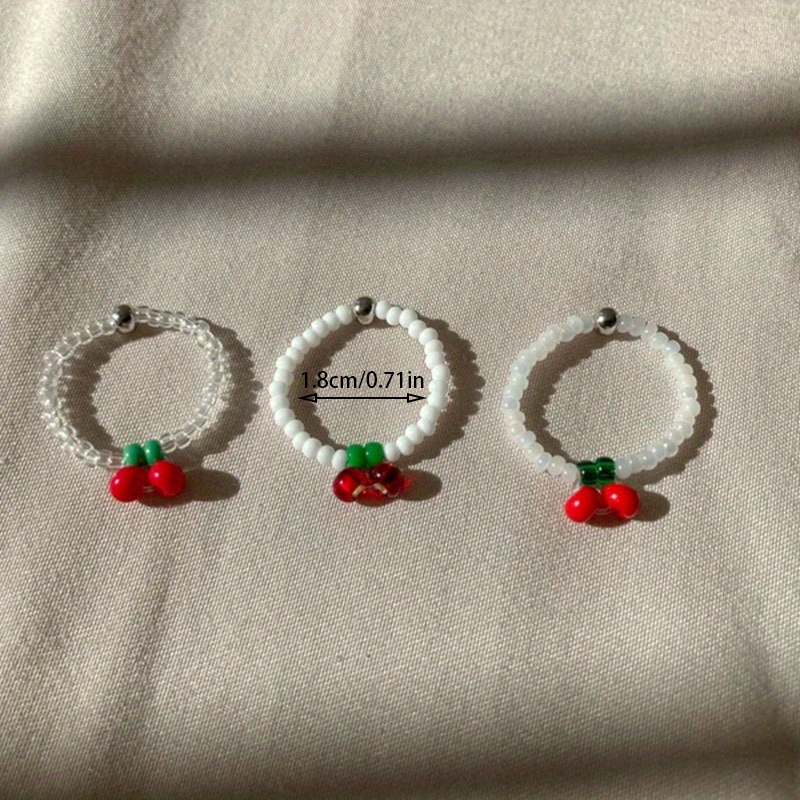 3pcs Women's Stackable Beaded Rings with Cherry and Pearl Vintage Glass