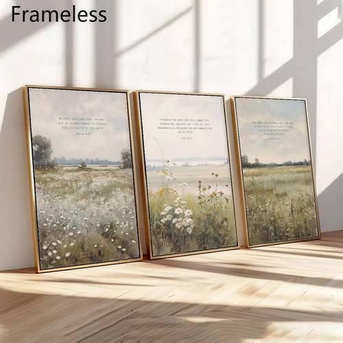 2d flat 2d flat 2d flat set of 3 frameless vintage canvas wall art featuring bible verses 12 32 psalm 23 4 psalm 46 10 christian home decoration with landscapes and floral designs spiritual room accent elegant script style