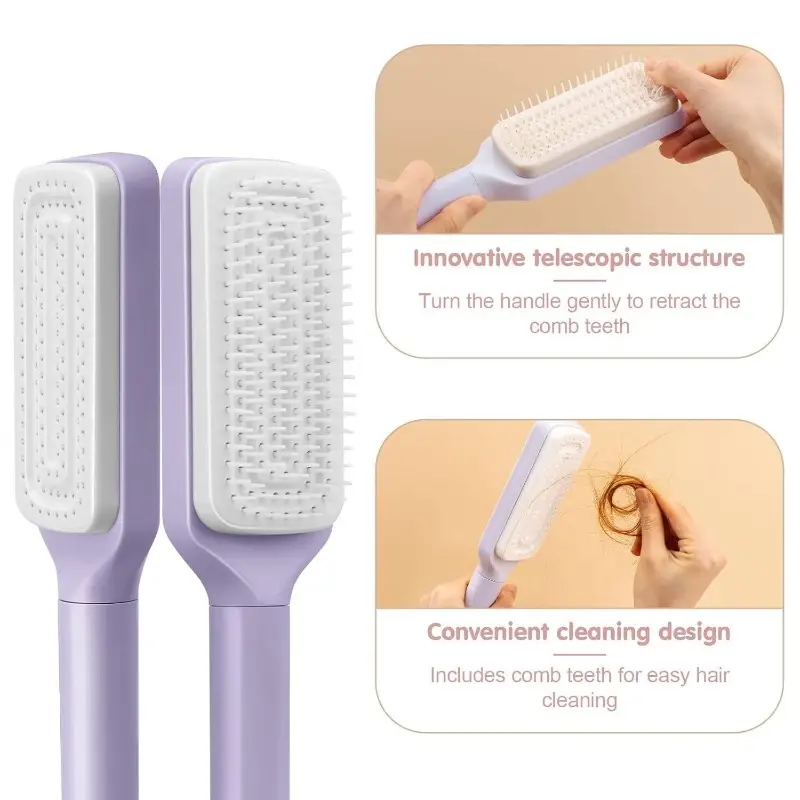 2pcs self cleaning massage brush and telescopic comb one click cleaning rotating and massage suitable all hair types purple gray detangling comb smooth bristles comb detangler comb Product details 1