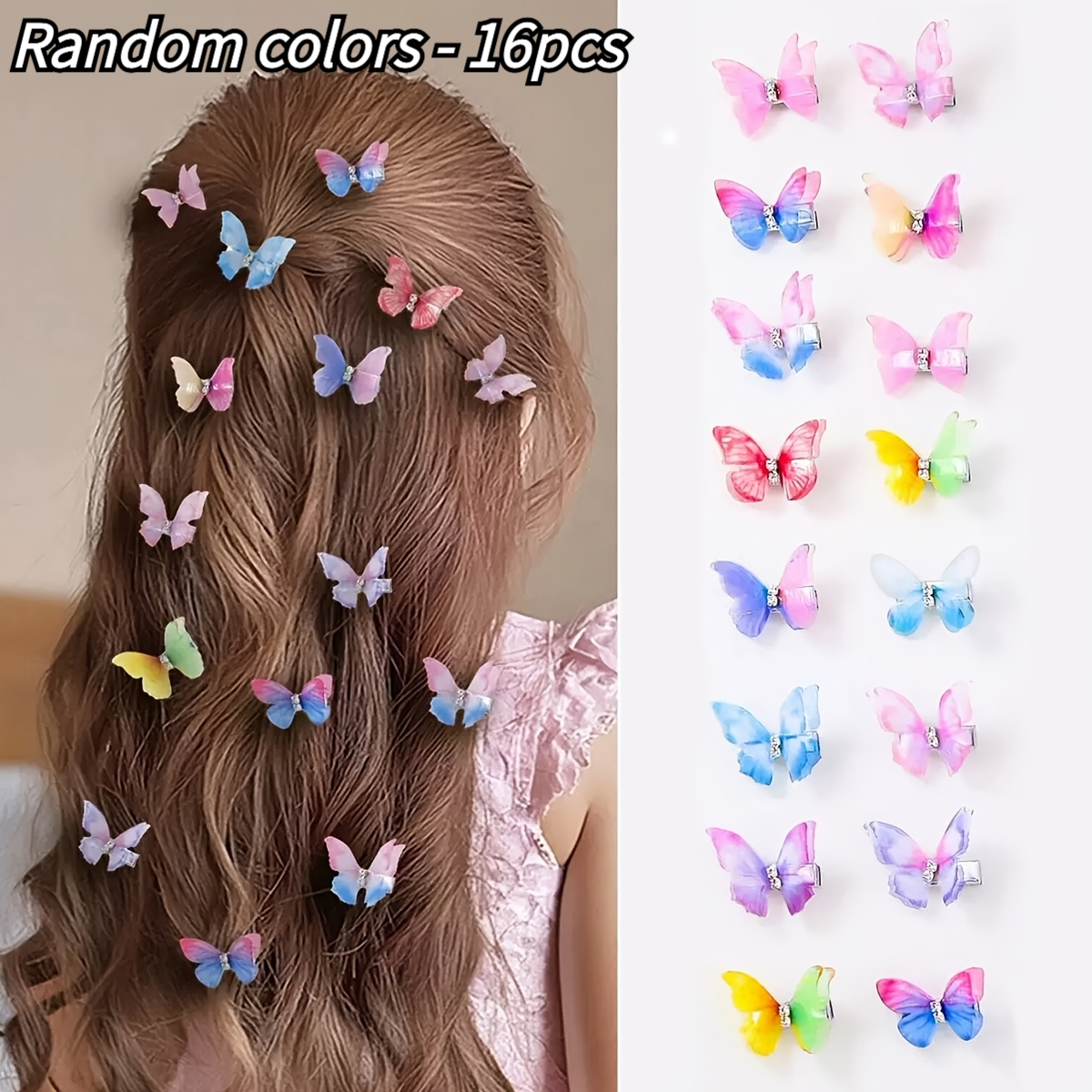 TEMU 8/16pcs Color Random Ladies' Hair Clip, Gradient Crystal Double-layer Organza, With Diamond Style Hair Accessory