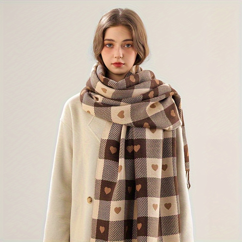 Women's Winter Scarf - Black and White Checkered with Golden Heart Pattern - Non-Stretch Elegant Shawl for Cold Weather - Suitable for Formal and Casual Wear - Vintage Fashion Accessory with Fringed Edges and Exquisite Craftsmanship