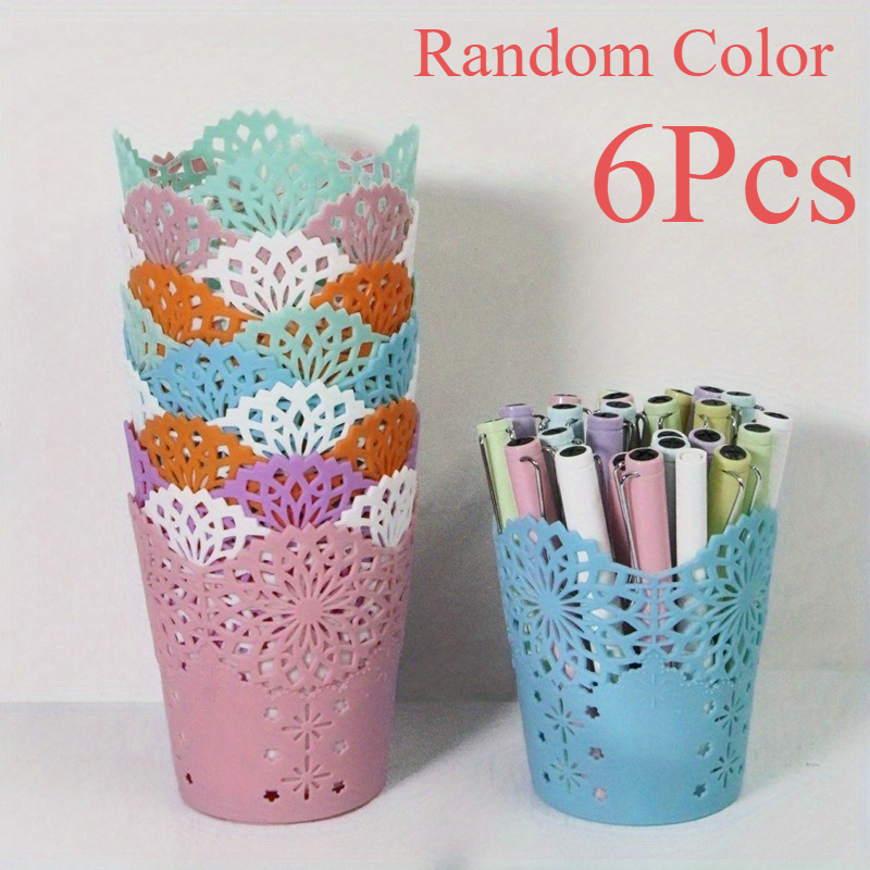 TEMU 6pcs Lace-patterned Pen Holder & Desktop Organizer Basket — Openwork Mini Waste Bin & Pen Caddy; A Office Storage Accessory; Decorative Holder