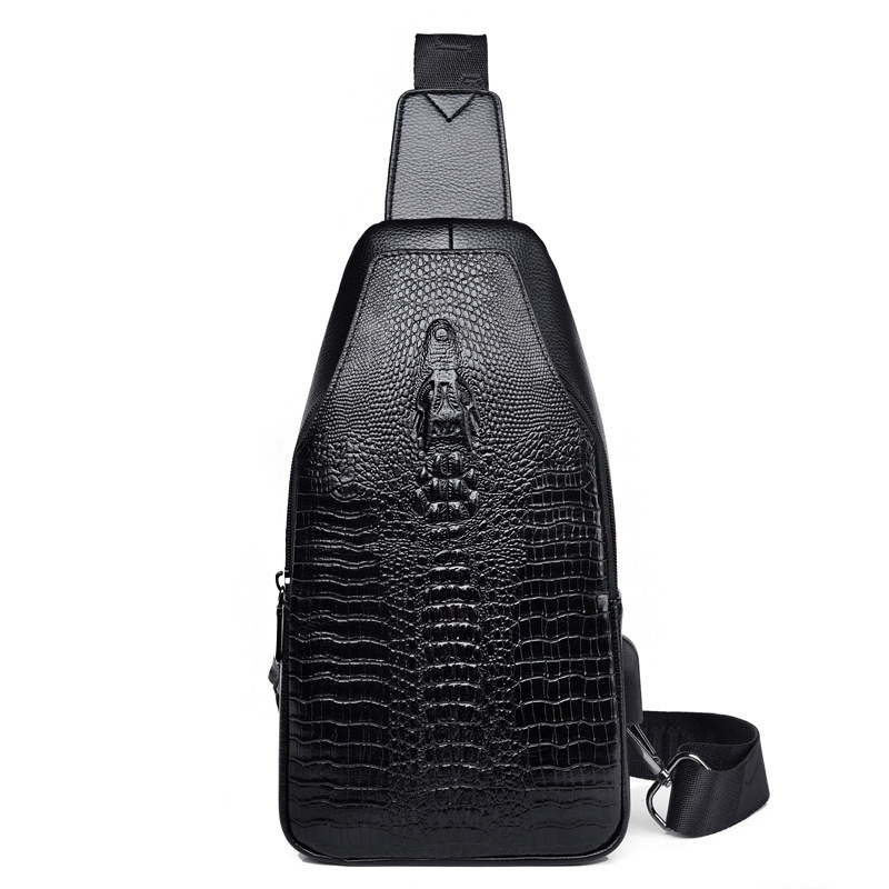 Image of Wixzor Men's Crocodile Pattern Genuine Leather Sling Bag, Large Capacity Multi-compartment Crossbody Bag, Durable Scratch-resistant Casual Sports Chest Pack With Earphone Hole For Business Men And