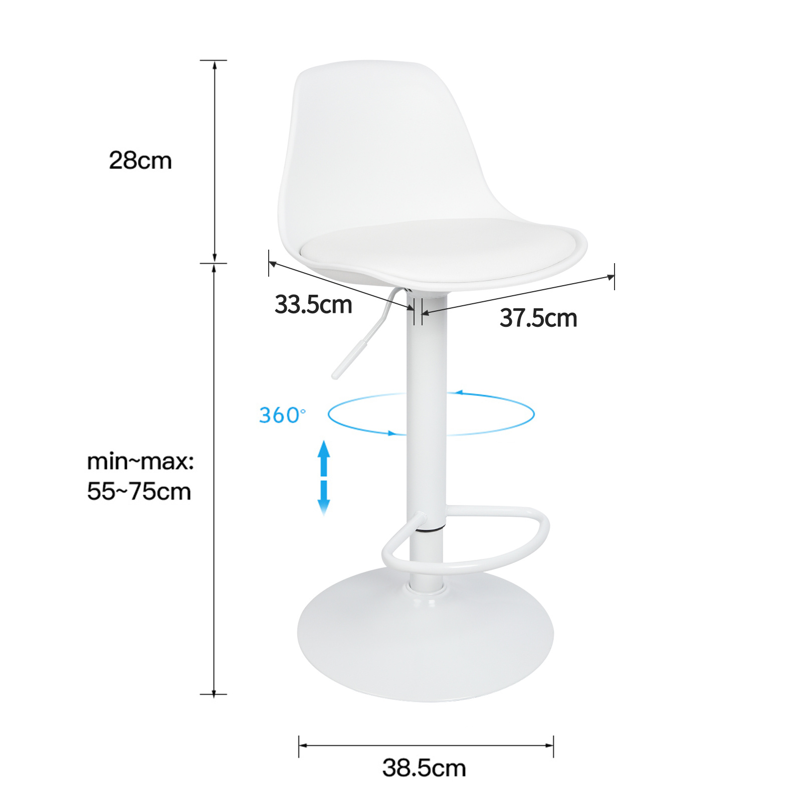 TEMU Height Adjustable Bar Stools, Dining Chairs, Set Of 2, White, 38*34*83-103cm.
