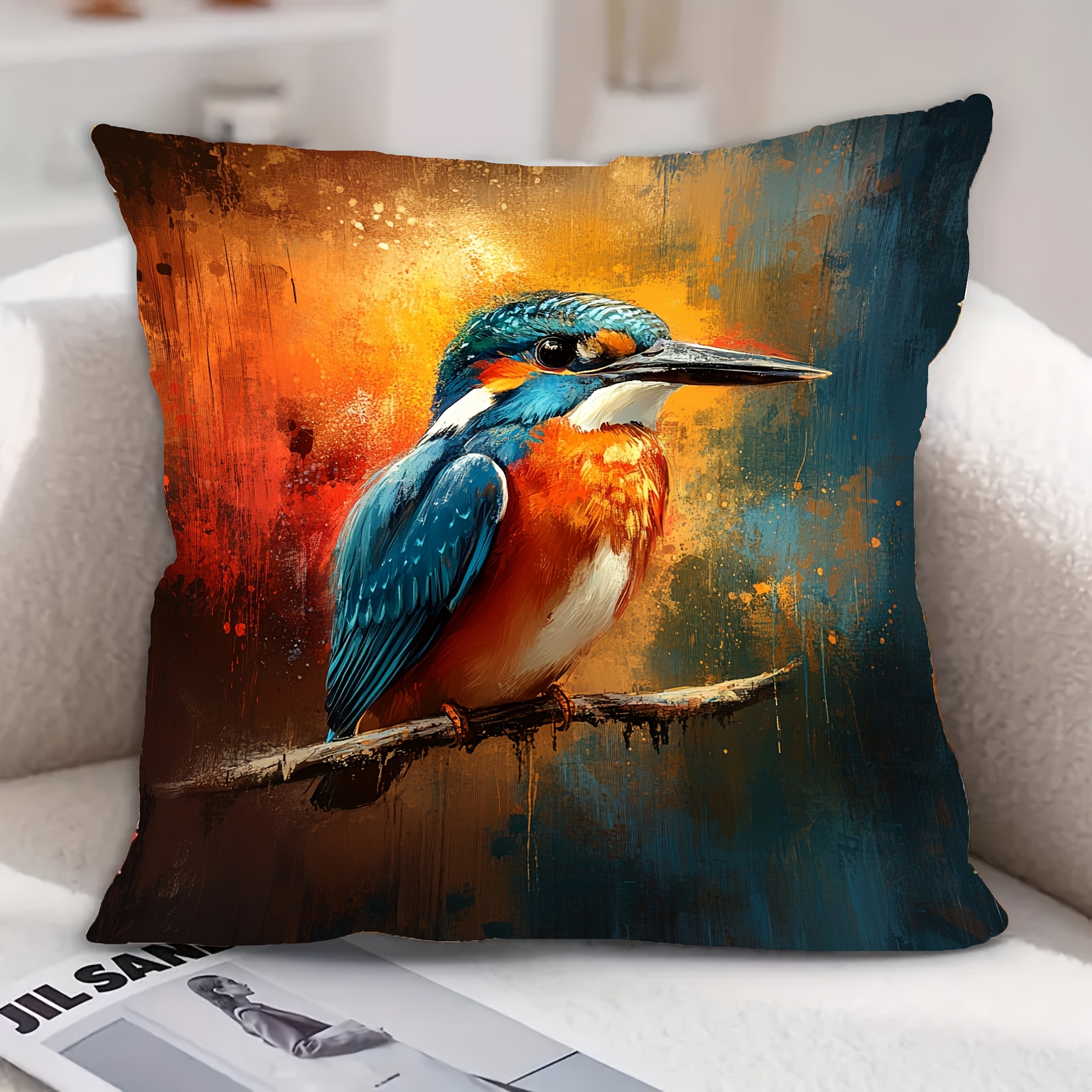 TEMU 1pc Jbjart Bird Print Decorative Cover - Contemporary Soft Plush Pillow Case With Zip Closure, Vibrant , Suitable For Sofa, Bed, Living Room &