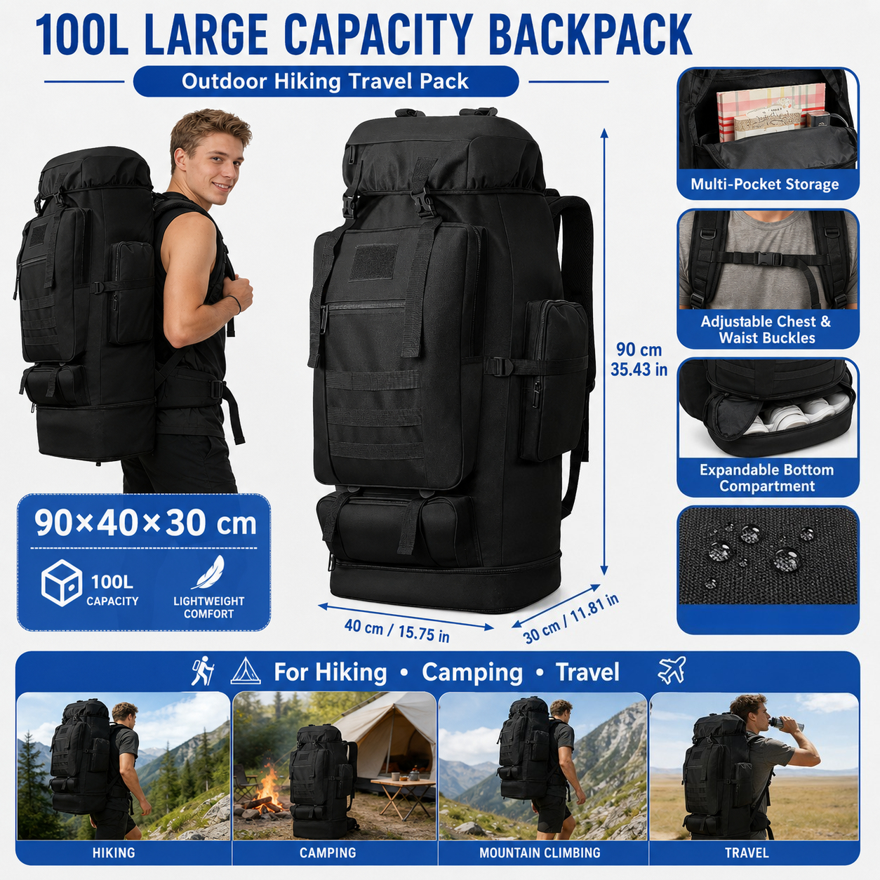 100l Camping Hiking Backpack, Tactical Backpack Molle Rucksack, Extra Large Hiking Backpack, Hiking Daypack, Outdoor Sports Backpack, Adjustable Sport Bags