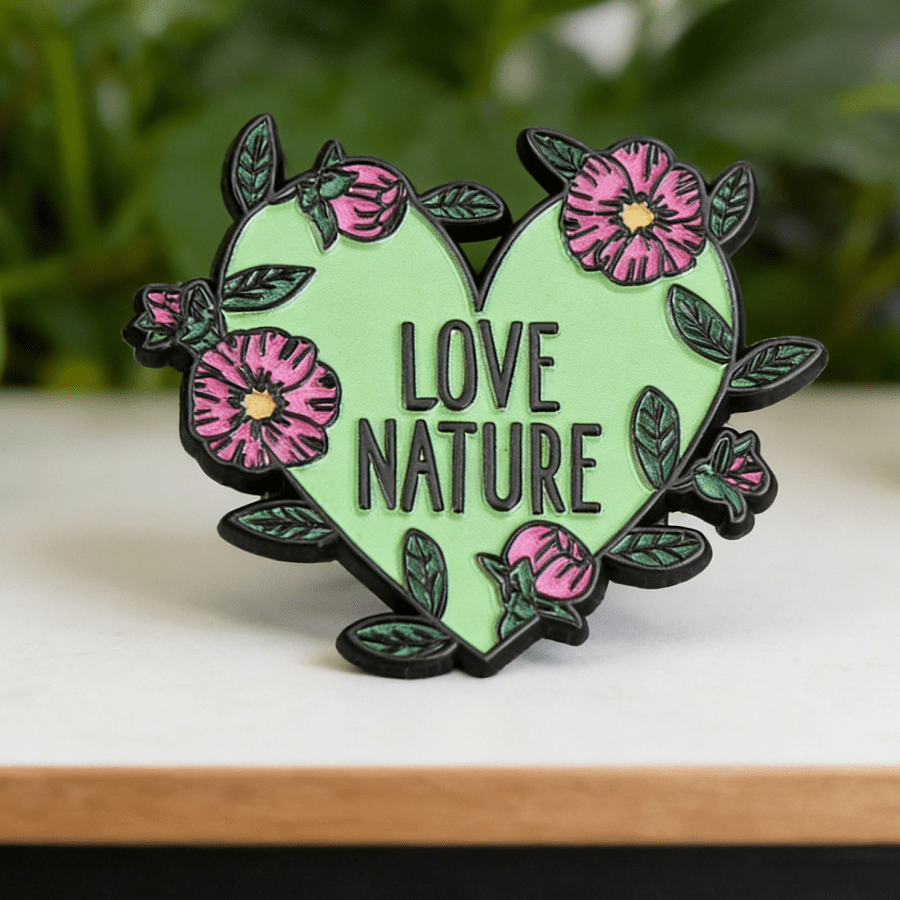 TEMU Enamel Pin - Heart-shaped Floral Brooch With Pink Flowers & Green Leaves, Vibrant Enamel Design For Backpacks