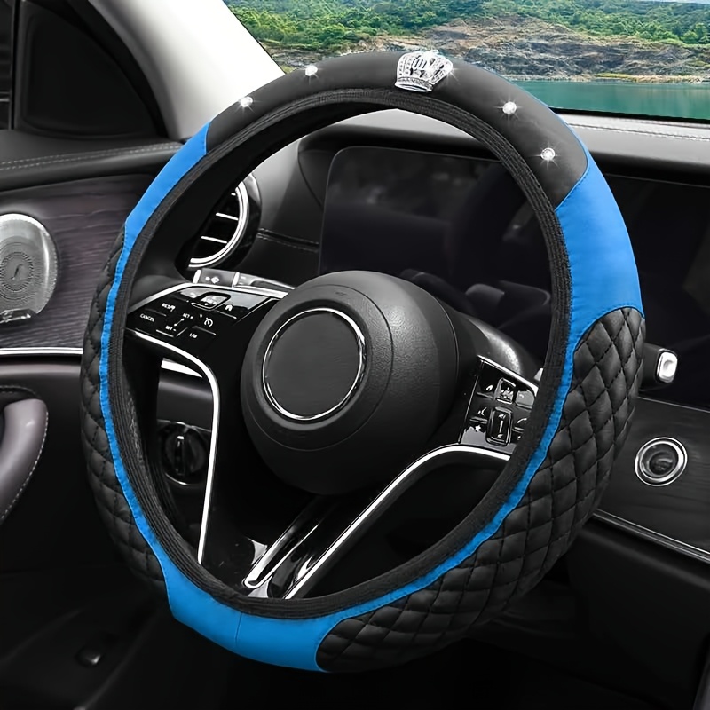 TEMU 1pc Car Accessory Interior Direction Wheel Cover Rhinestone Handle Cover Embroidery Faux Leather Universal Car Model