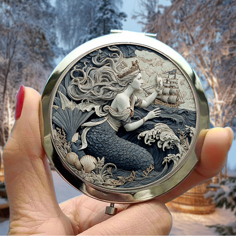 TEMU 2d Flat Portable Makeup Mirror Mermaid Design With Crown And Tail Features Fine Detail Carving Perfect For Christmas Gift Or Travel Use, 2d Flat