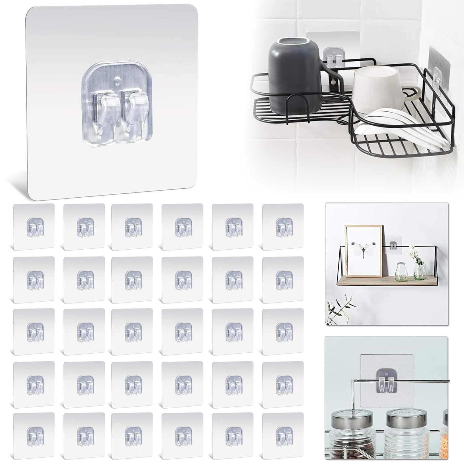 30pcs Heavy Duty Transparent Self-adhesive Wall Hooks - Clear No Drill Installation, -free Removal, Adhesive Suitable For Bathroom, Kitchen, Laundry Room & Balcony - Towels, Utensils, Robes (plastic)