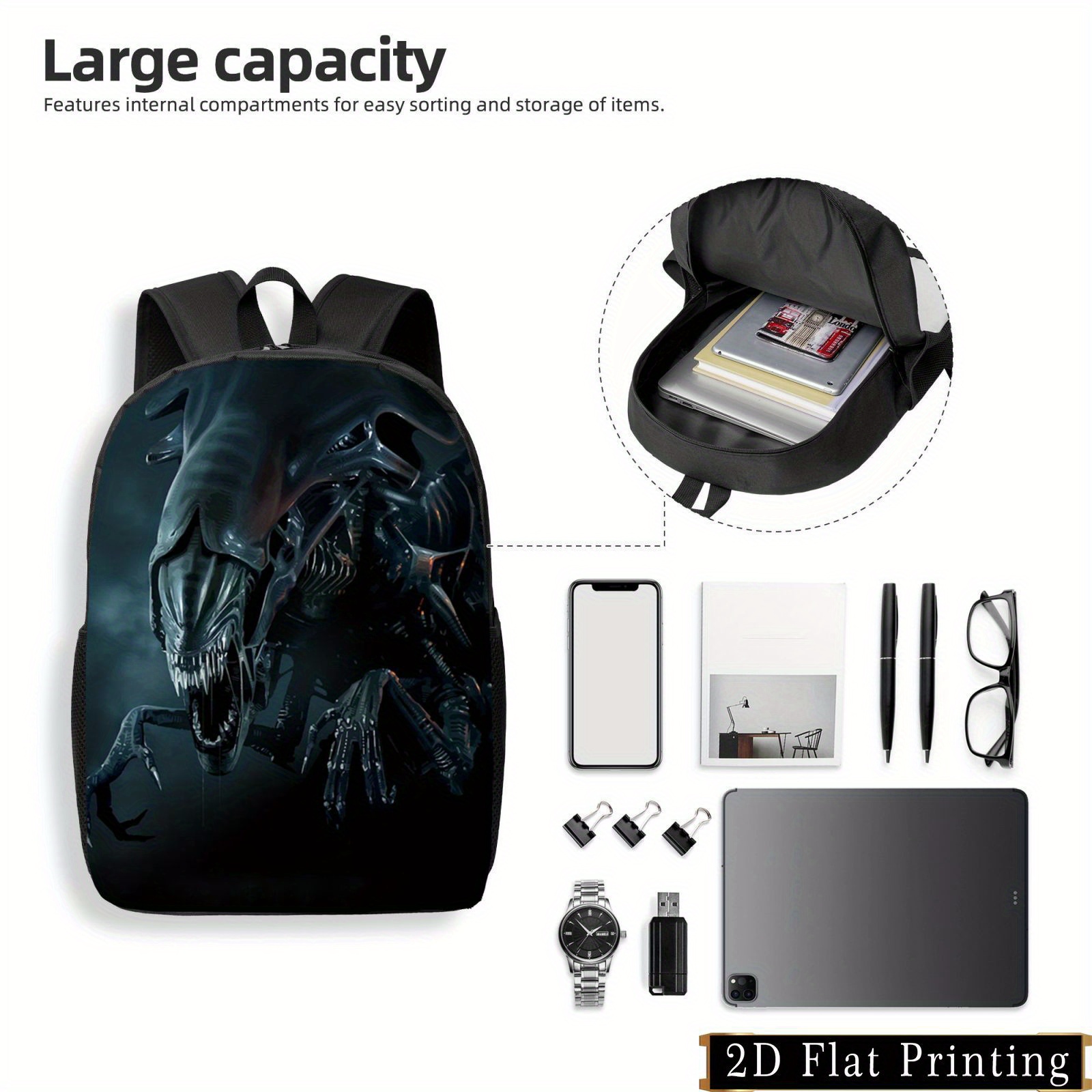Science Fiction Alien Backpack - Stylish Black Student Bag with Adjustable Straps, Large Capacity, and Side Pockets, Perfect for School or Travel, Casual Design, Hand Washable, Student Backpack | Edgy Backpack | Durable Zipper Closure, School Backpac