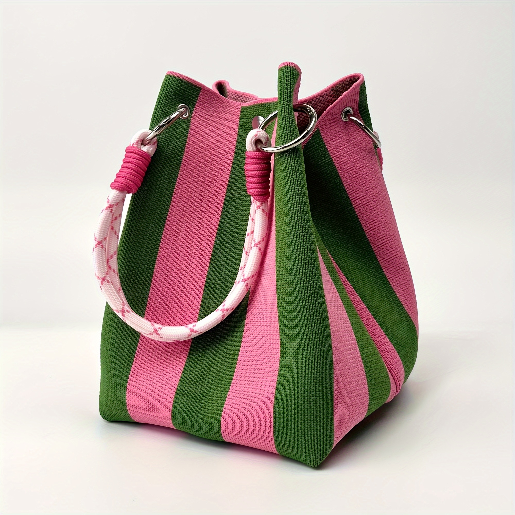 Womens Handbag Vintage Contrast Geometric Knit Bucket Bag