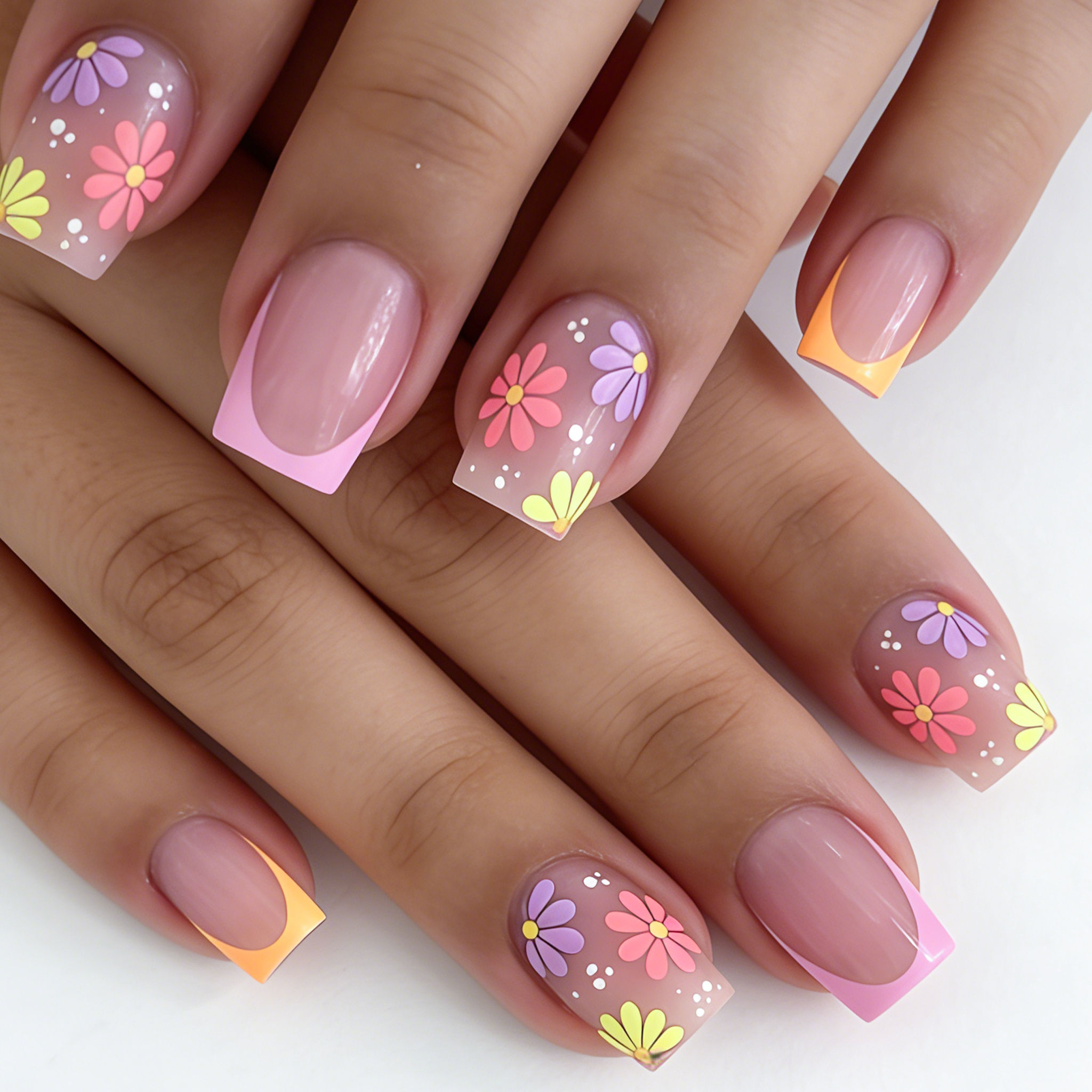 TEMU 24pcs Short Square Nail Tips Spring Summer Elegant Purple Yellow Pink Y2k Style Wearable Nails French Fake Nails Suitable For Women Wedding Date