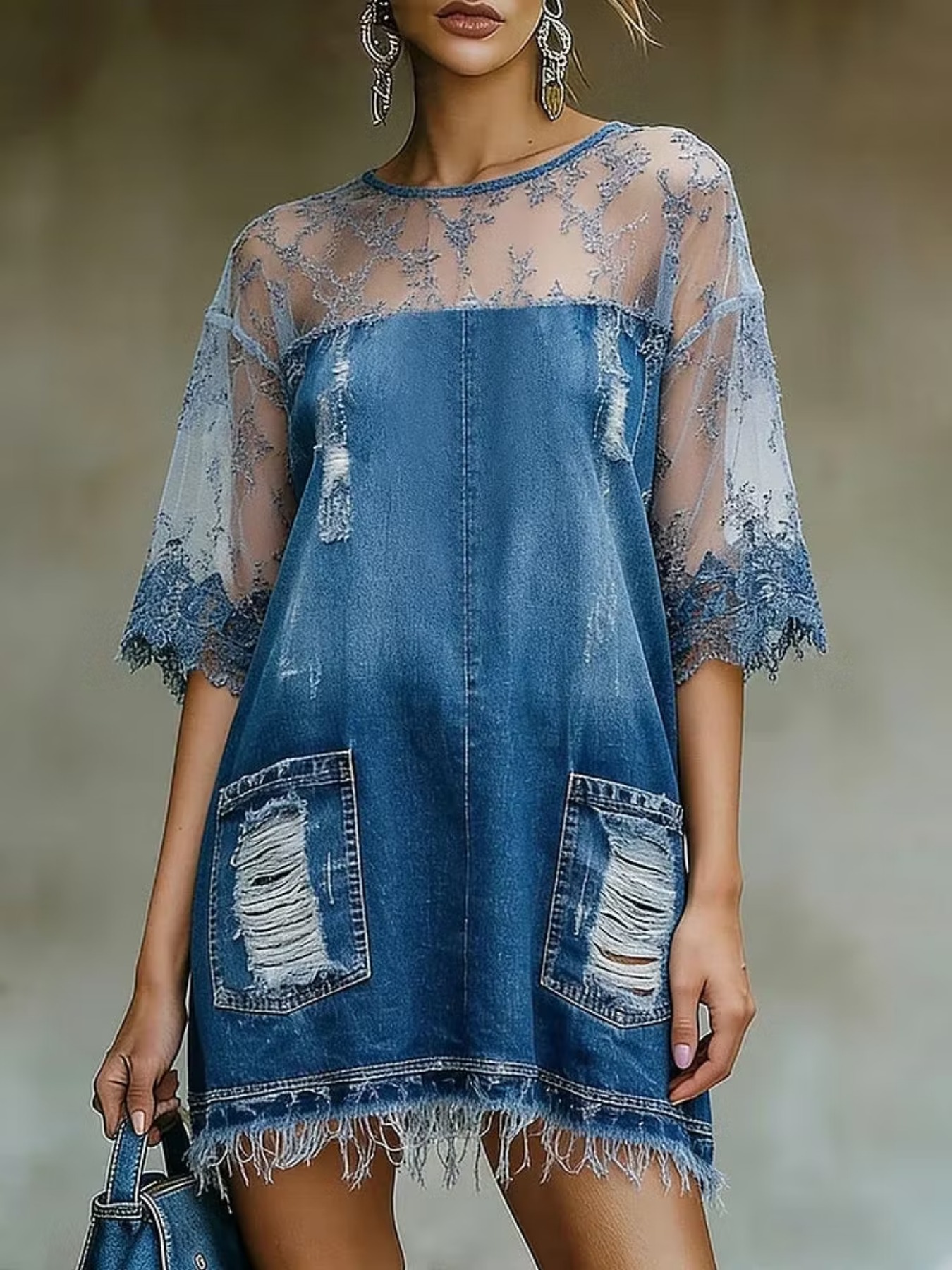 Plus Size, Women's Blue Denim Lace Sleeve Dress Ripped Distressed Frayed Hem Casual Summer Fashion * Streetwear