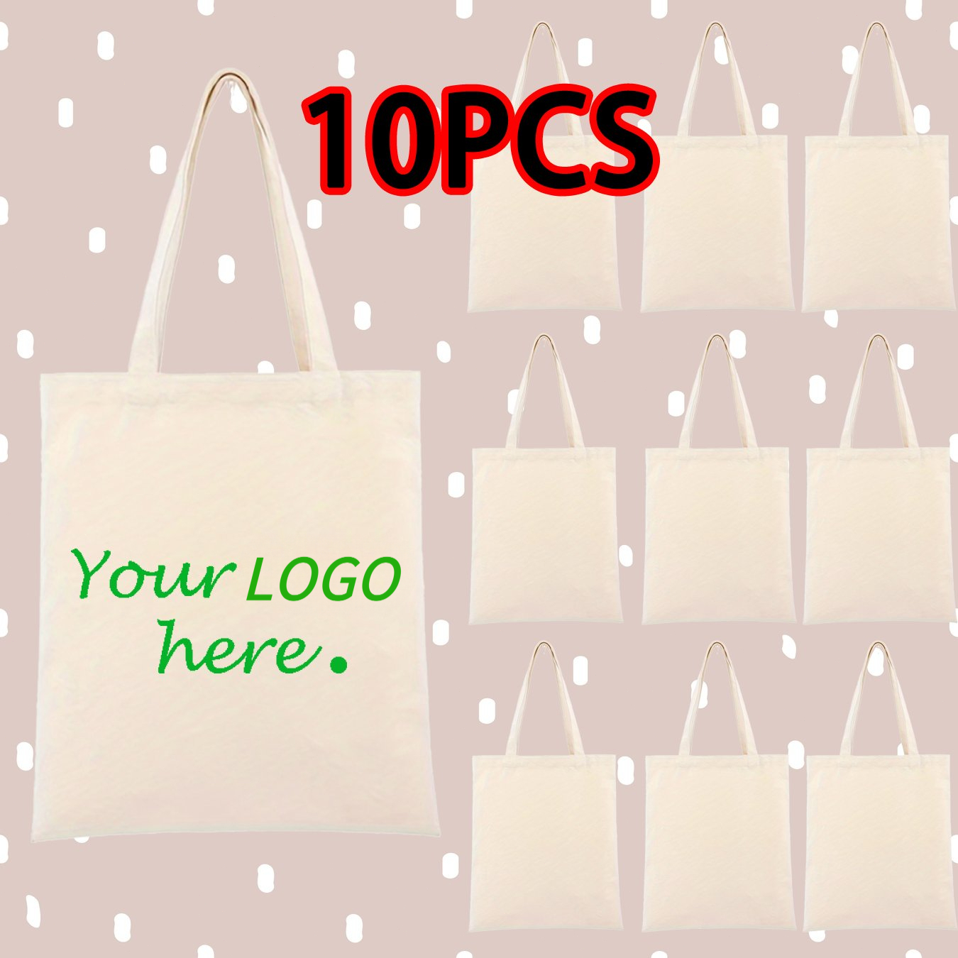TEMU 10 sacs en toile beige personnalisés avec grand texte/logotype imprimé - Sacs de courses éco-durables pour campus, plage, voyage et branding