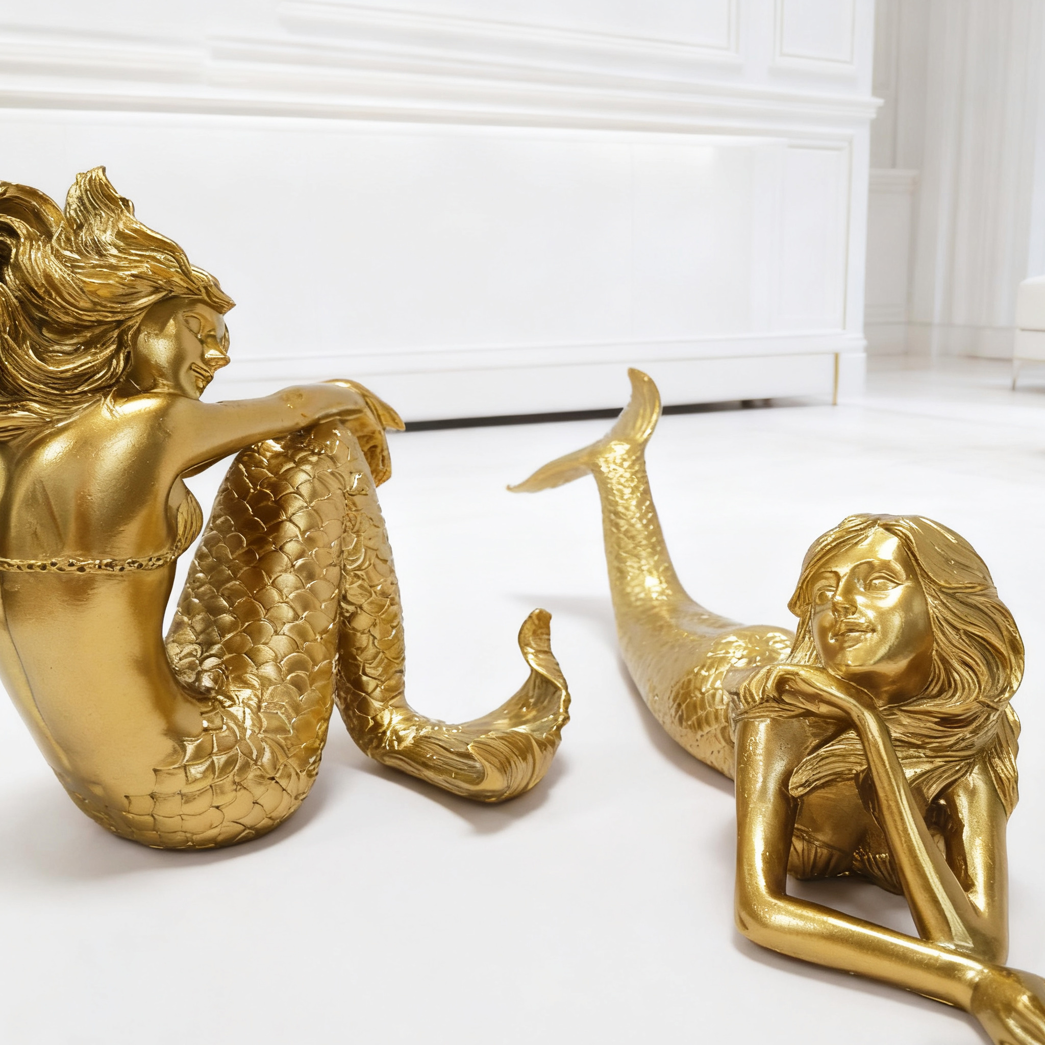 Large Golden Mermaid Ornament, Metallic Texture Resin Decoration