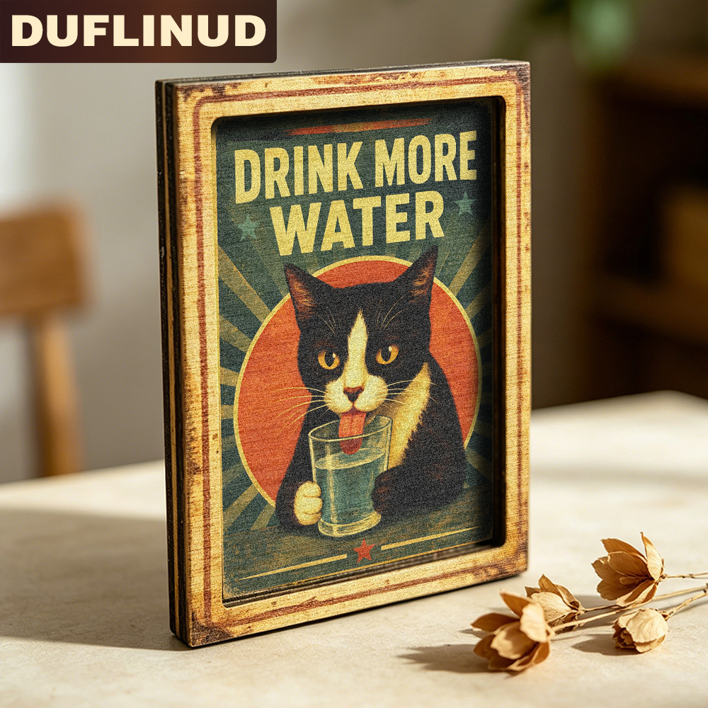 TEMU Vintage-style Refrigerator Magnet, Mini Decorative Sign With A Drinking Kitten Design And A Reminder Slogan, Wooden Fridge Magnet, Refrigerator