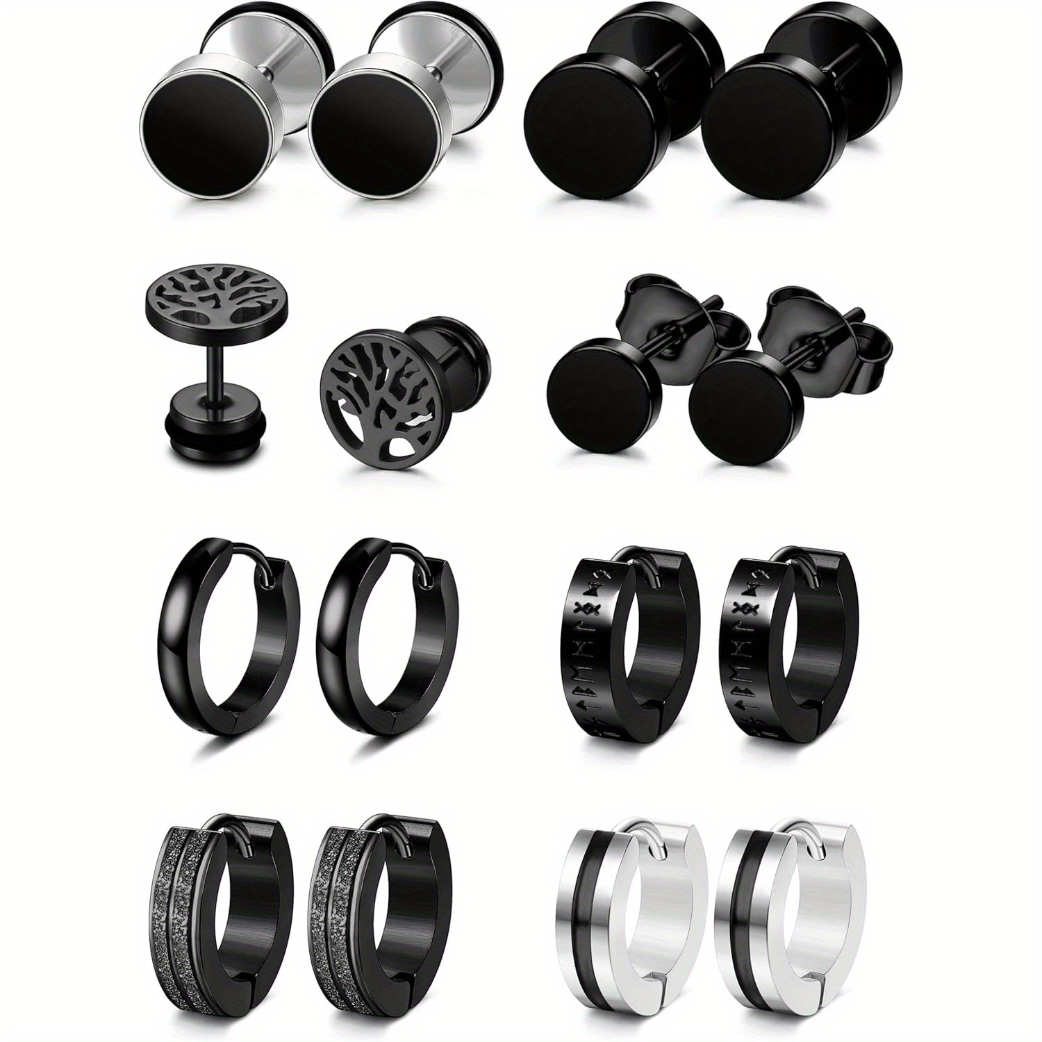 Image of 8 Pairs Of Men's Black Earrings Men's 316l 316l 316l 316l Stainless Steel Hypoallergenic Ear Piercing Black Hoop Earrings For Men