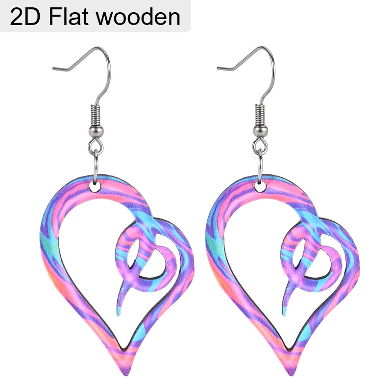 TEMU 2D Flat - Ein Paar lebendige, farbenfrohe Wirbel-Doppelherz-Holzohrringe im 2D-Flat-Design, für Frauen. Diese einfachen, modischen Hängeohrringe
