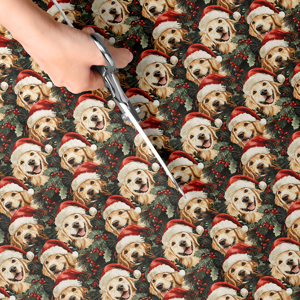 TEMU 1pc Vintage Christmas Dog Print Fabric - 59 X 19.68 Inches (150 X 50 Cm) Pre-cut Polyester Fabric With Santa Golden Puppies, Snowflakes, Xmax