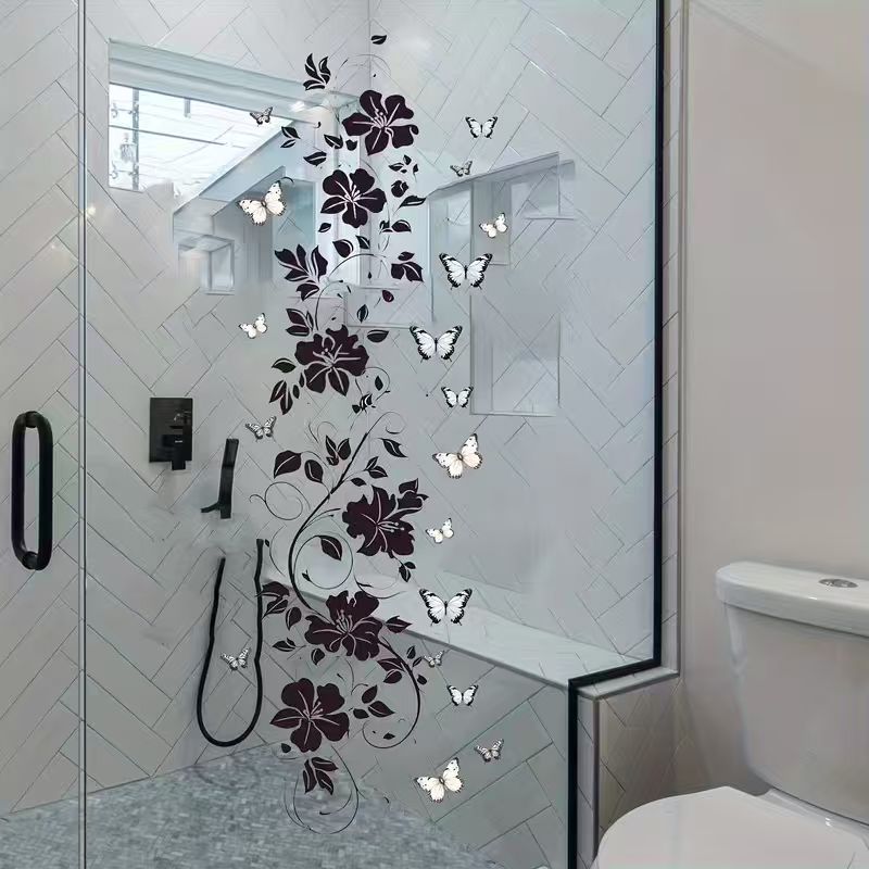 E-shop Retro Glasfliesen mit Blumen- Schmetterlingsmuster für Küchen- Badezimmerdekoration, selbstklebende nahtlose Glasfenster-Dekoraufkleber