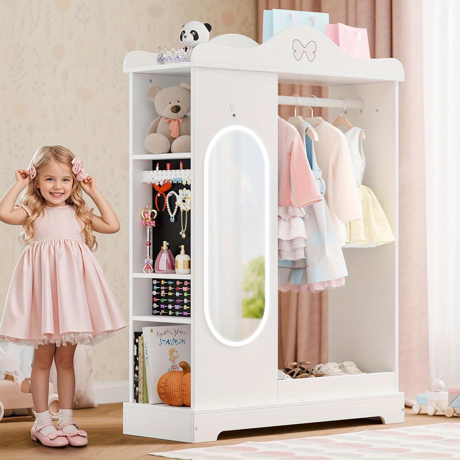 Wardrobe With Mirror, Wooden Wardrobe For Boys And Girls, Storage Furniture For The Room, Easy To Assemble, Suitable For Hanging Clothes And Storing Other Items, Gifts For Children.