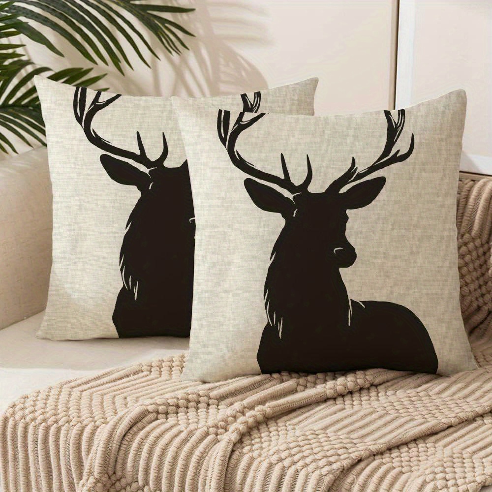 

2pcs Deer Silhouette Double-sided Plush Pillow Covers - Square, Zip Closure For Sofa & Outdoor Decor