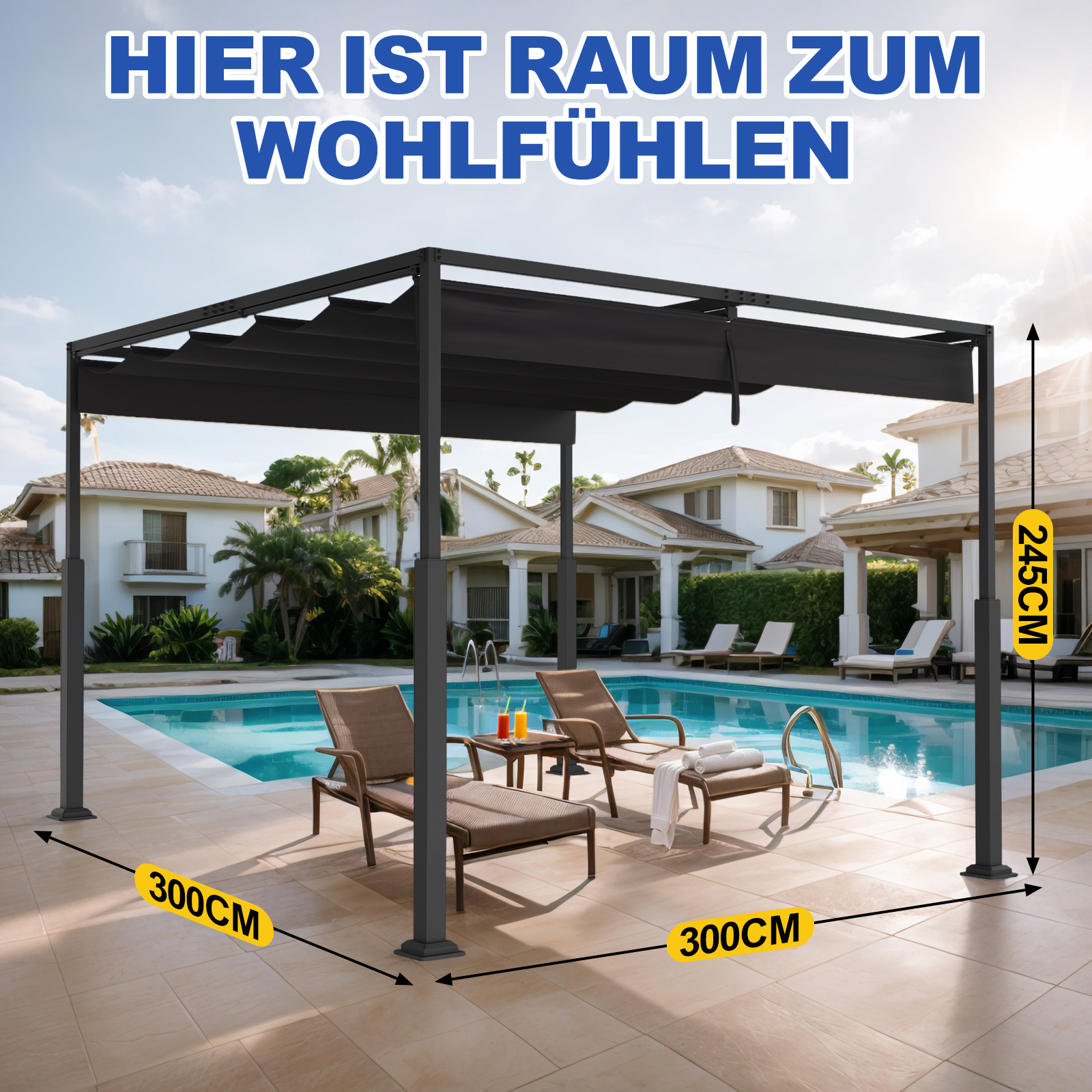 Loinklds Pergola With Retractable Sliding Roof 3x3m/3x4m-sturdy Gazebo With Sun Protection&shade-ideal For Garden, Terrace, Balcony&pool Area