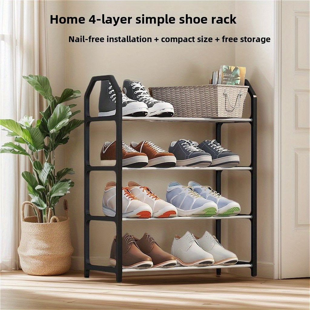 4-tier simple shoe rack, multi-functional and compact, easy assembly, dust-proof storage for home entrance, bedroom, living room - black metal frame with white sneakers display, shoe storage organizer details 0