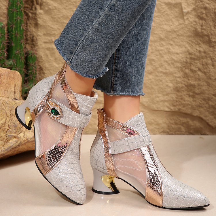 2025 Light Luxury Fashion Pointed Toe Mid-Heel Women's Ankle Boots, New Outdoor Mesh Rhinestone Metal Decor Color-Block Back Zipper Plus Size Fashion Boots, 11 Holiday Versatile Women's Shoes, Holiday Boots, Outdoor Footwear, Retro Style, Versatile