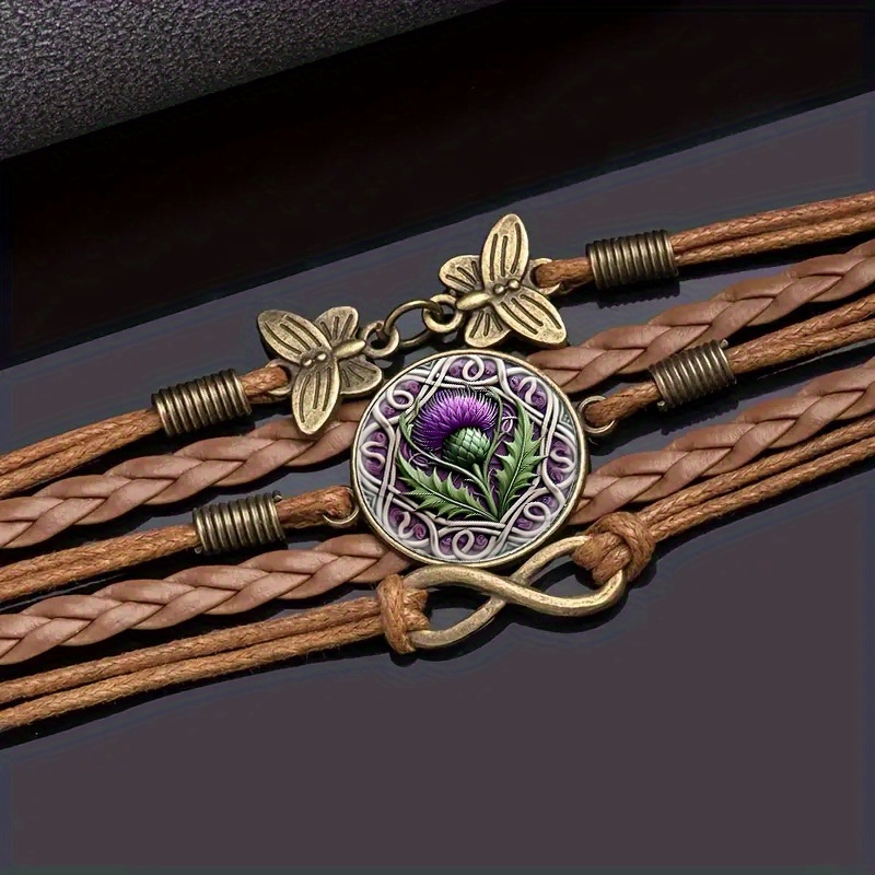 TEMU Adjustable Bohemian Mandala Infinity Bracelet - A Stylish Accessory Made Of Faux Leather Featuring A Scottish Thistle In Celtic Style, With A