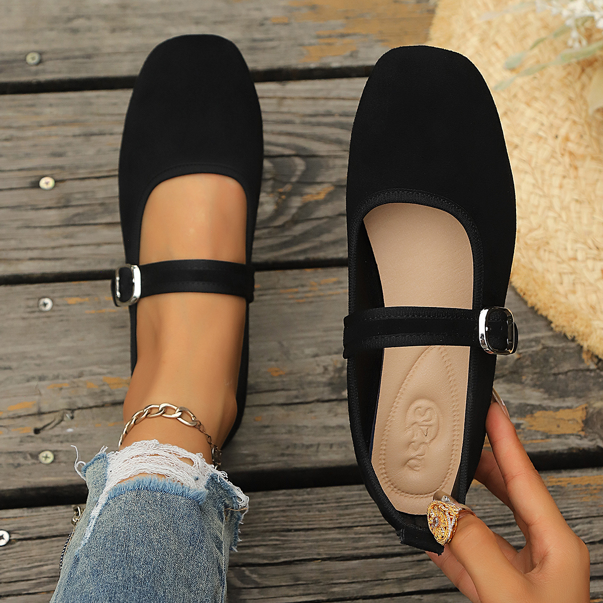 TEMU Retro Velvet Shoes Women's New Summer Single Buckle Flat Sole Ballet Shoes Single Shoes Women, Women Shoes