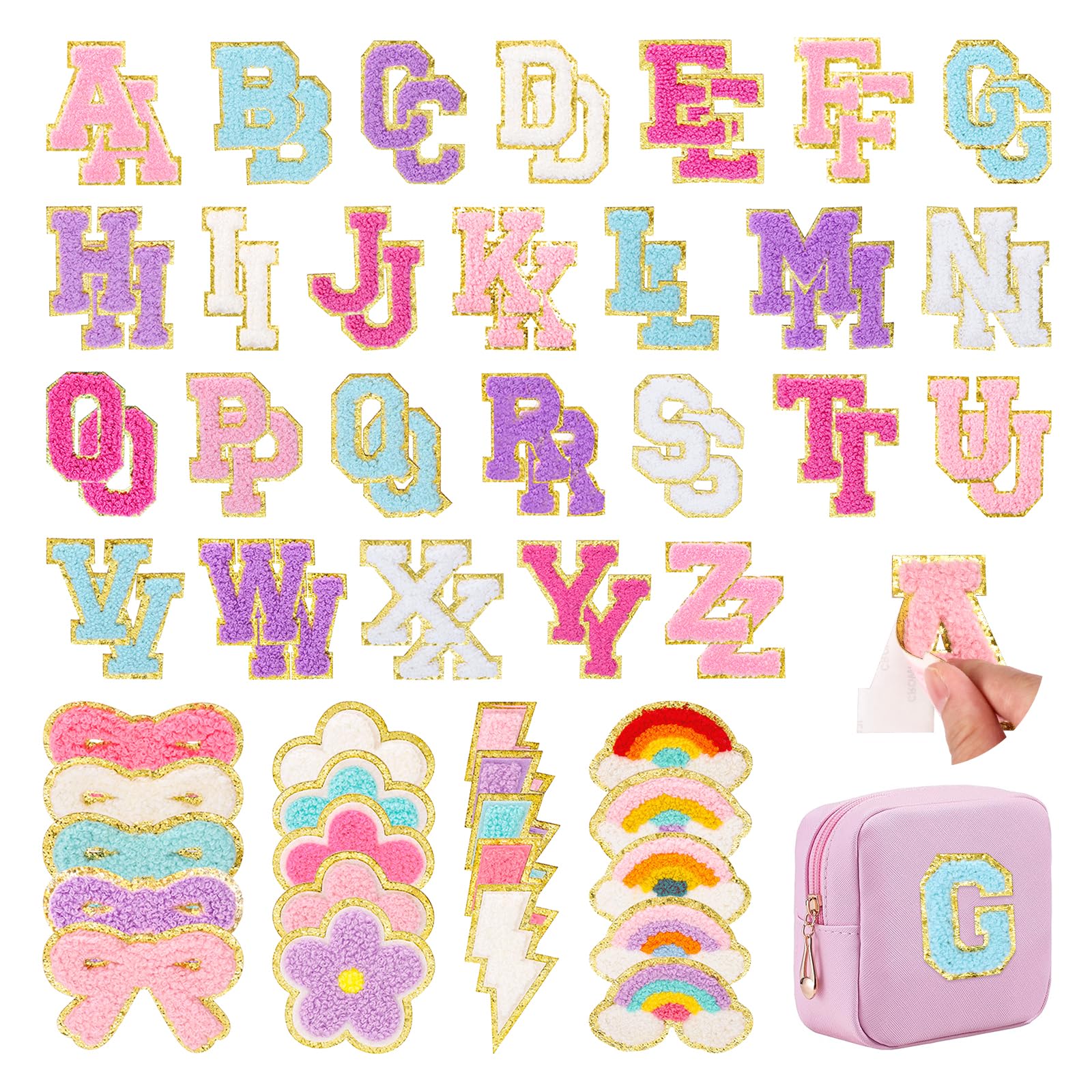 72pcs Preppy Chenille Patches Self Adhesive For Clothing, 52 A-z Chenille Letter Patches Stick On, 20 Lighting Bowknot Embroidered Stickers Patches For Backpacks Bags Hats