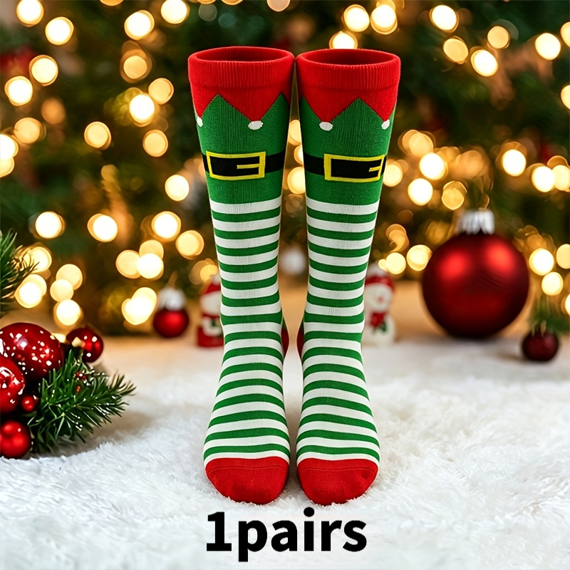 TEMU 1/ Random Of Christmas Elf Costume Socks With Hat& Belt- Striped, Calf-high, For Women& Men, Soft& Stretchy For Wear, Unisex Cosplay Party