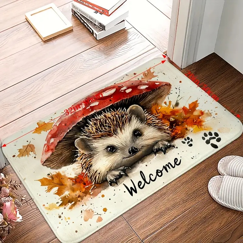 Image of 1pc Whimsical Hedgehog Welcome Doormat- Adorable Fall-themed Design With Adorable Hedgehog& , Indoor Use, Hand Wash Only,, Eyes, Warm Seasonal Decor