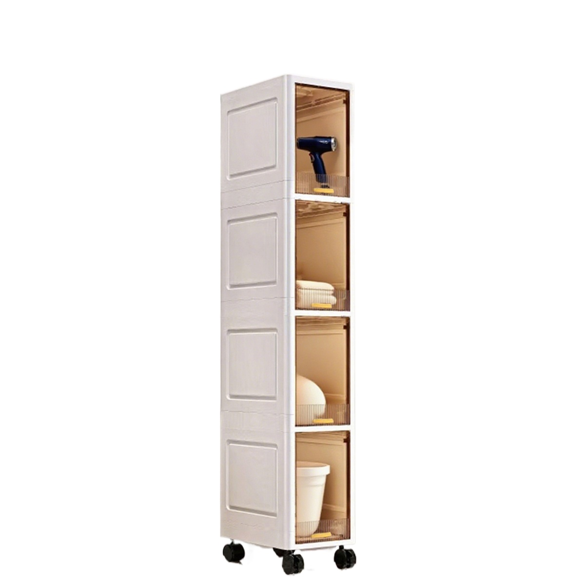 TEMU Meuble de sol de salle de bain étroit blanc 3/4/5/6, meuble de rangement mince à 4 niveaux avec roulettes et tiroirs transparents, organisateur