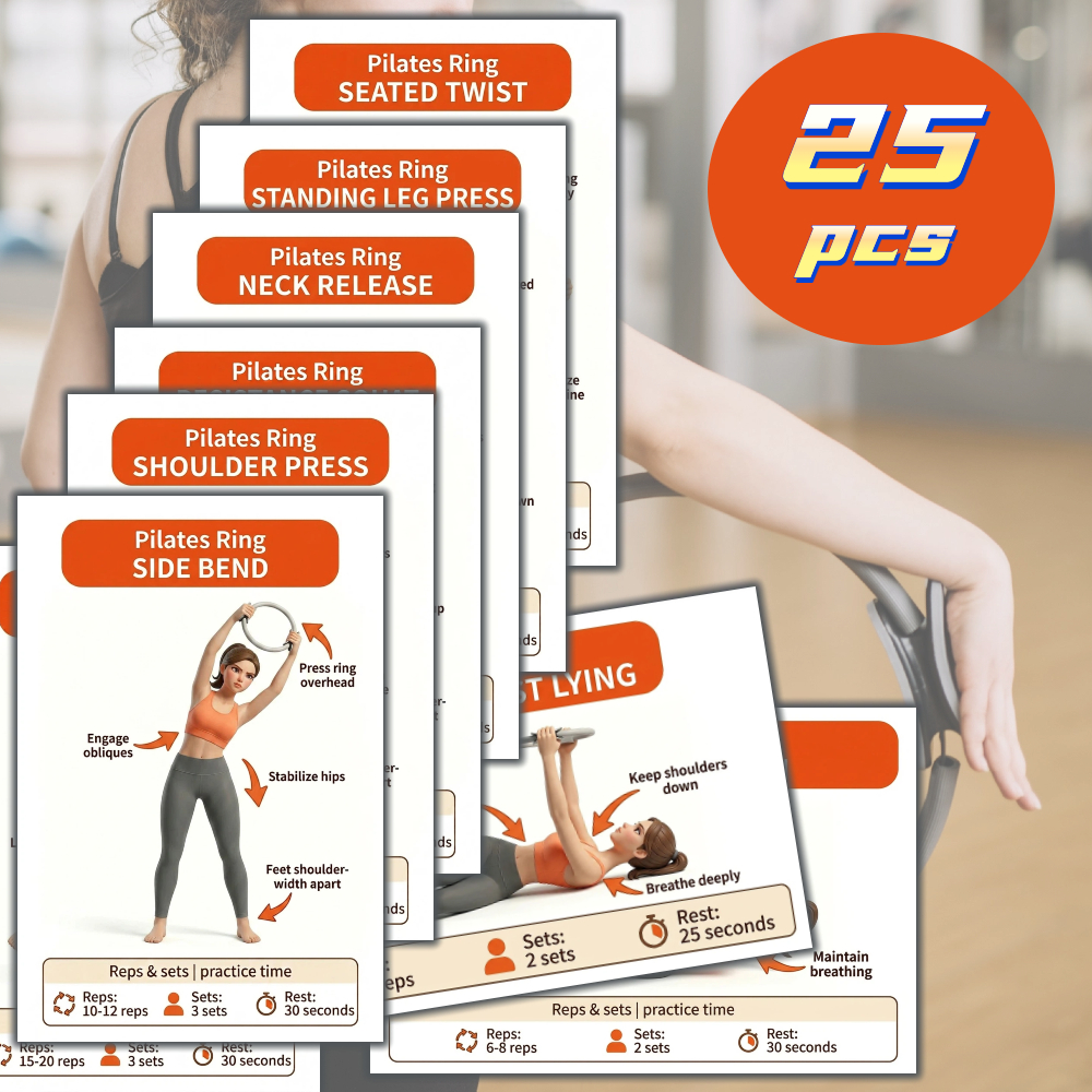 TEMU 25pcs Pilates Ring Fitness Cards - Exercise Card Set With Instructions | Flashcards, Suitable For Home And Studio Practice, Ideal For Home Gym,