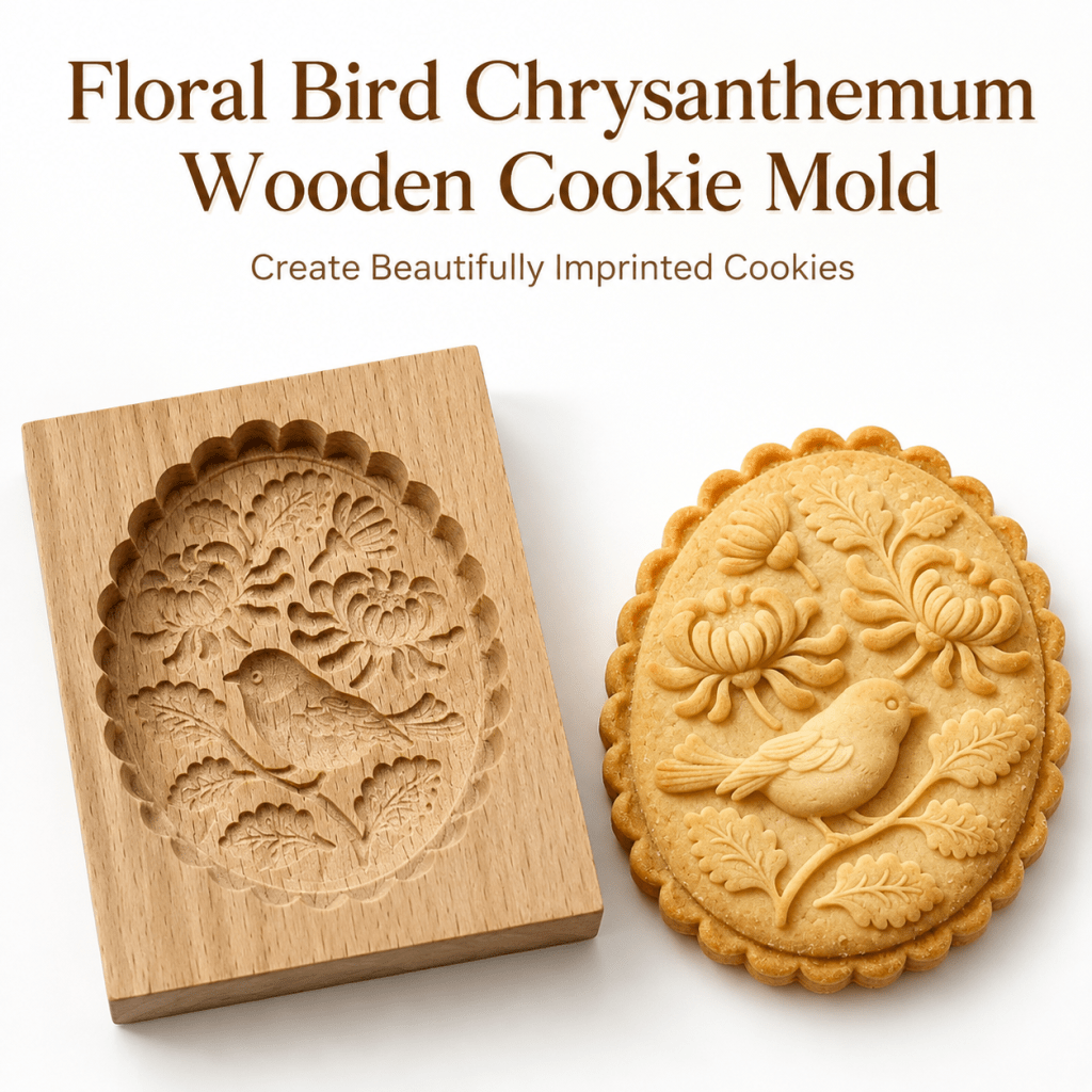 TEMU Vintage Wood Cookie Cutter With Floral Bird & Chrysanthemum Cutouts - Lace Embossed Gingerbread Press Mold Suitable For Diy Baking, Holiday,
