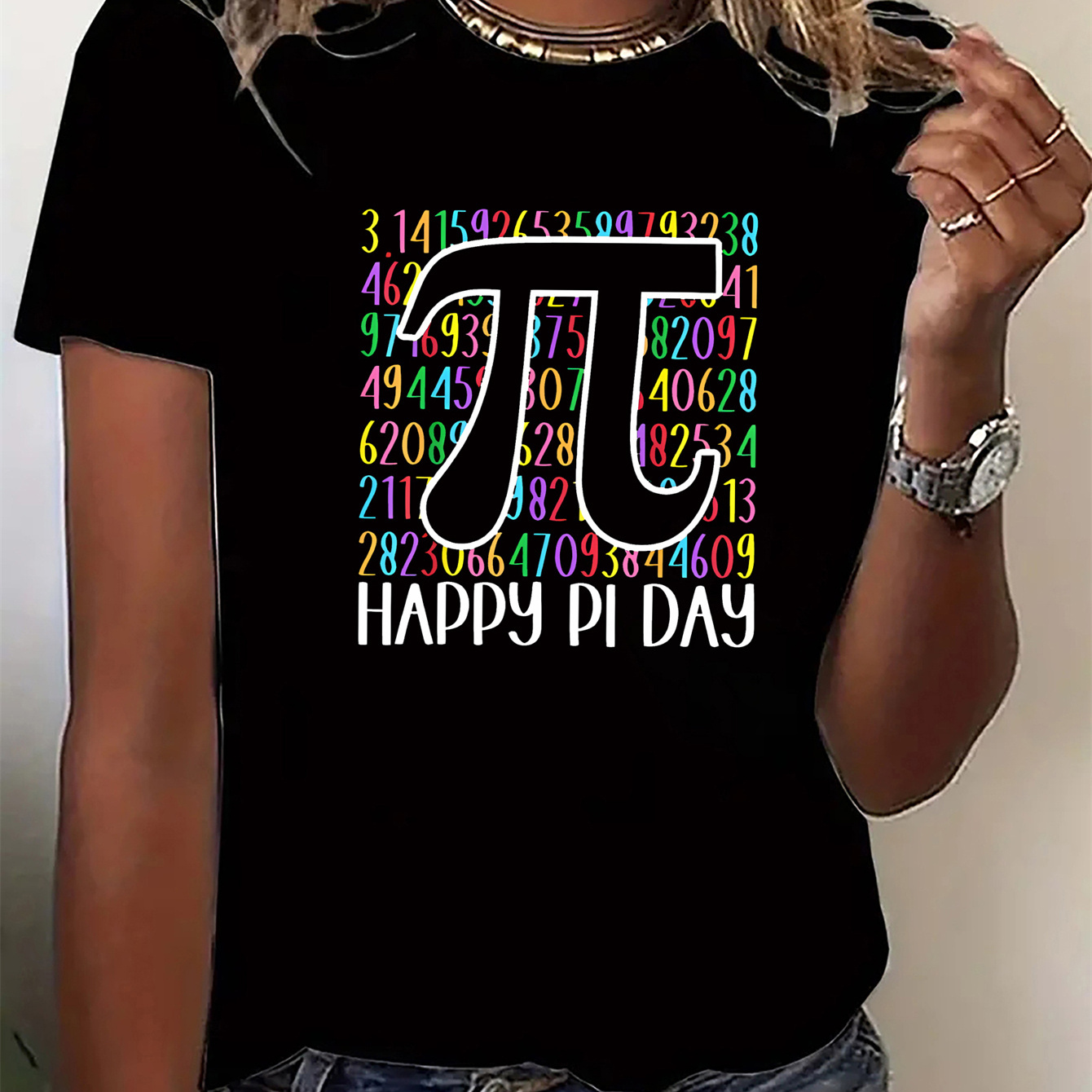 

1pc Women's Casual Knit Polyester T-shirt With Printed , Round Neck, Short Sleeve, Loose Fit, Fashionable Mathematical Pi Day Graphic Tee For All