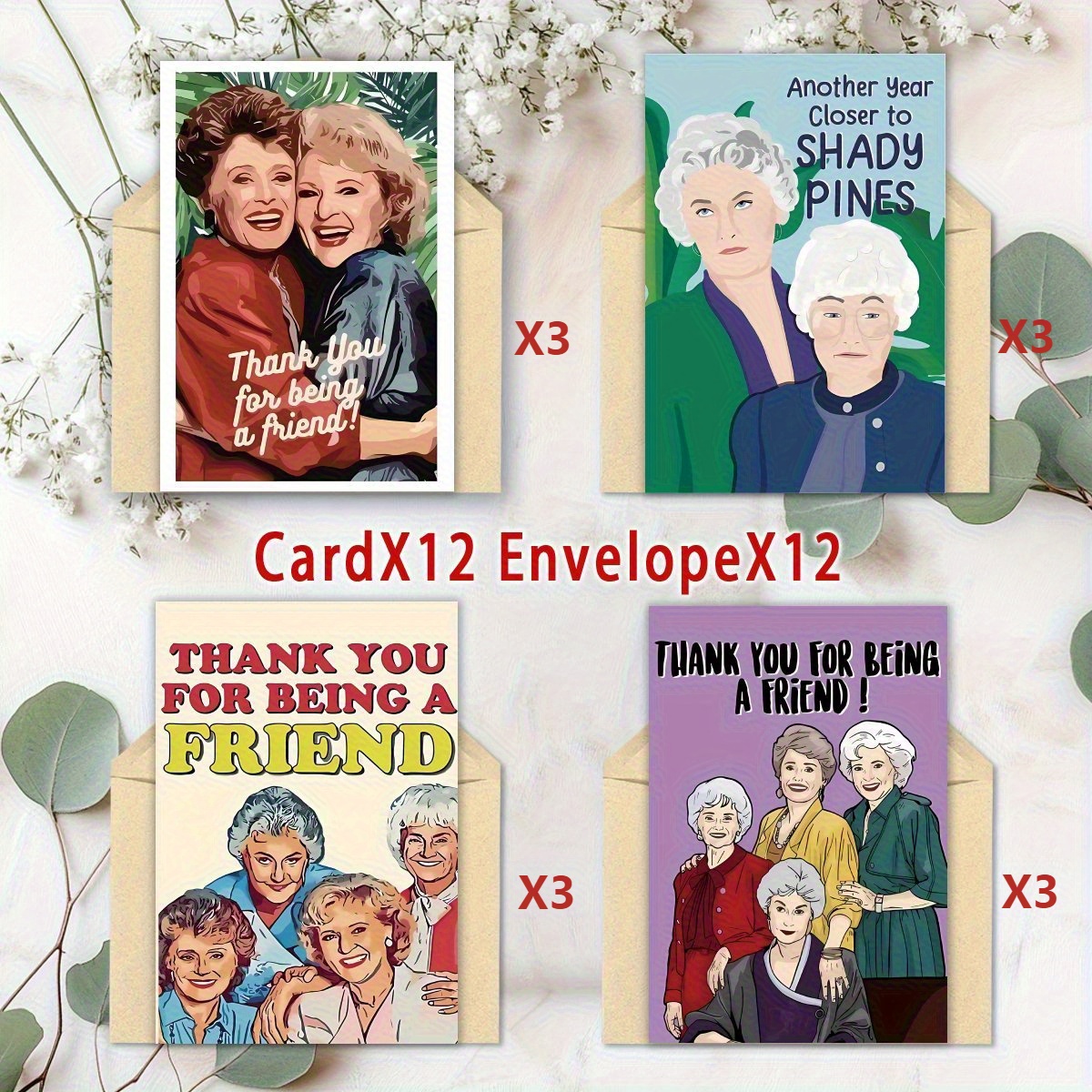 TEMU 24-teiliges Golden Girl Freundschaftskarten-Set mit Umschlägen – für ältere Freunde Familie, Neujahrsgrüße, 4 einzigartige Designs