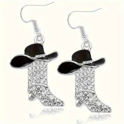 2pcs vintage cowboy boots hat earrings sparkling embellished western dangle earrings for women elegant vintage style jewelry for valentines day new year parties wear cowboy earrings party accessories embellishments festive wear stylish womens fashion