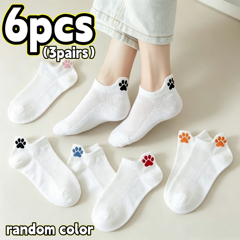 TEMU 6pcs/3 Pairs Men's/women's Cute Cat Paw Boat Socks, Random Colors, Mesh Low-cut Socks With Colorful Cat Paws, Multiple Colors Available, Thin,