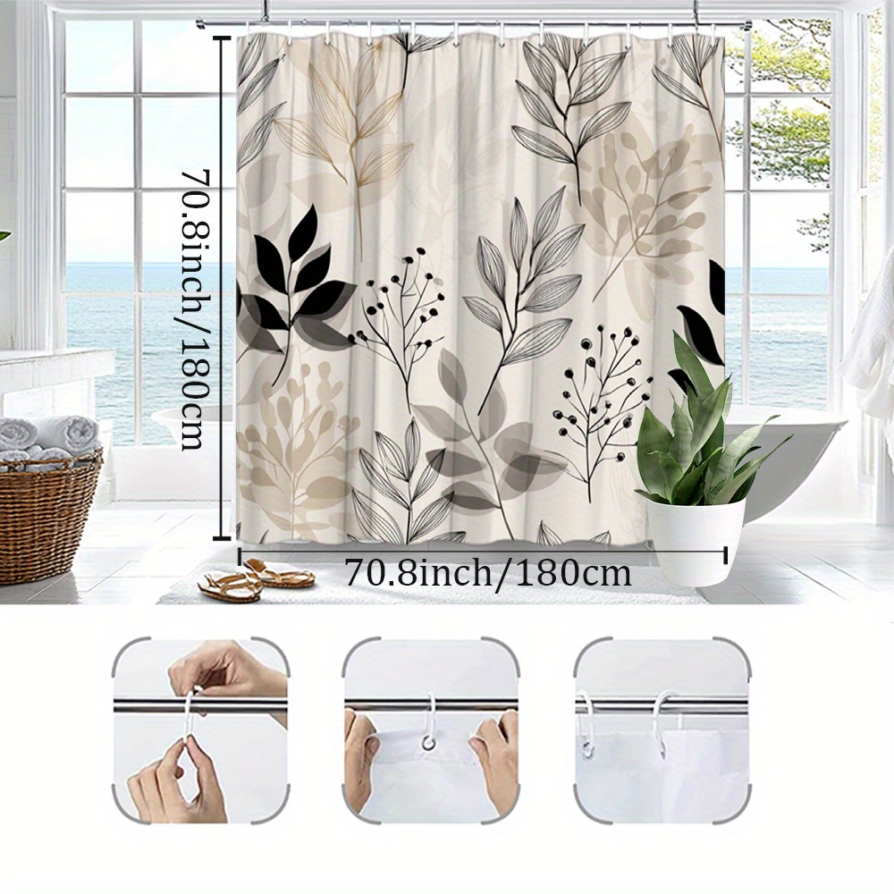 TEMU 1pc A Contemporary Minimalist Shower Curtain Featuring Of Black And Gray Leaf Branches. Made From Durable Polyester, Machine Washable And Comes With 12 Hooks. The Dimensions Are By Inches