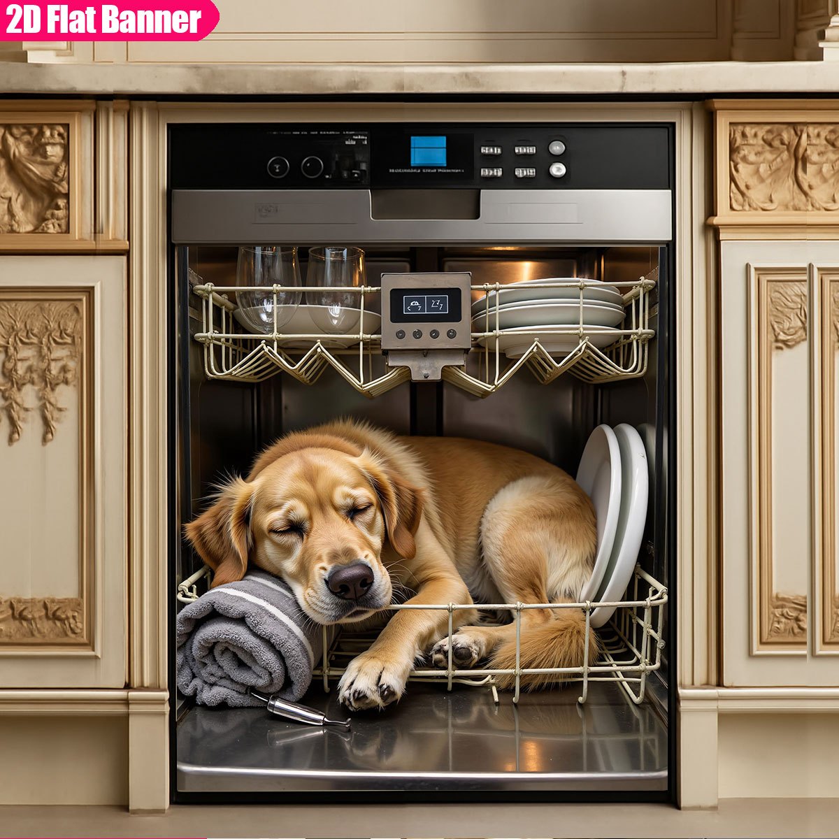 TEMU Dishwasher Door Protector - Adorable Sleeping & Towel Pattern, Sturdy Pvc Kitchen Decoration, Easy Setup, No Drilling Required, Ideal For