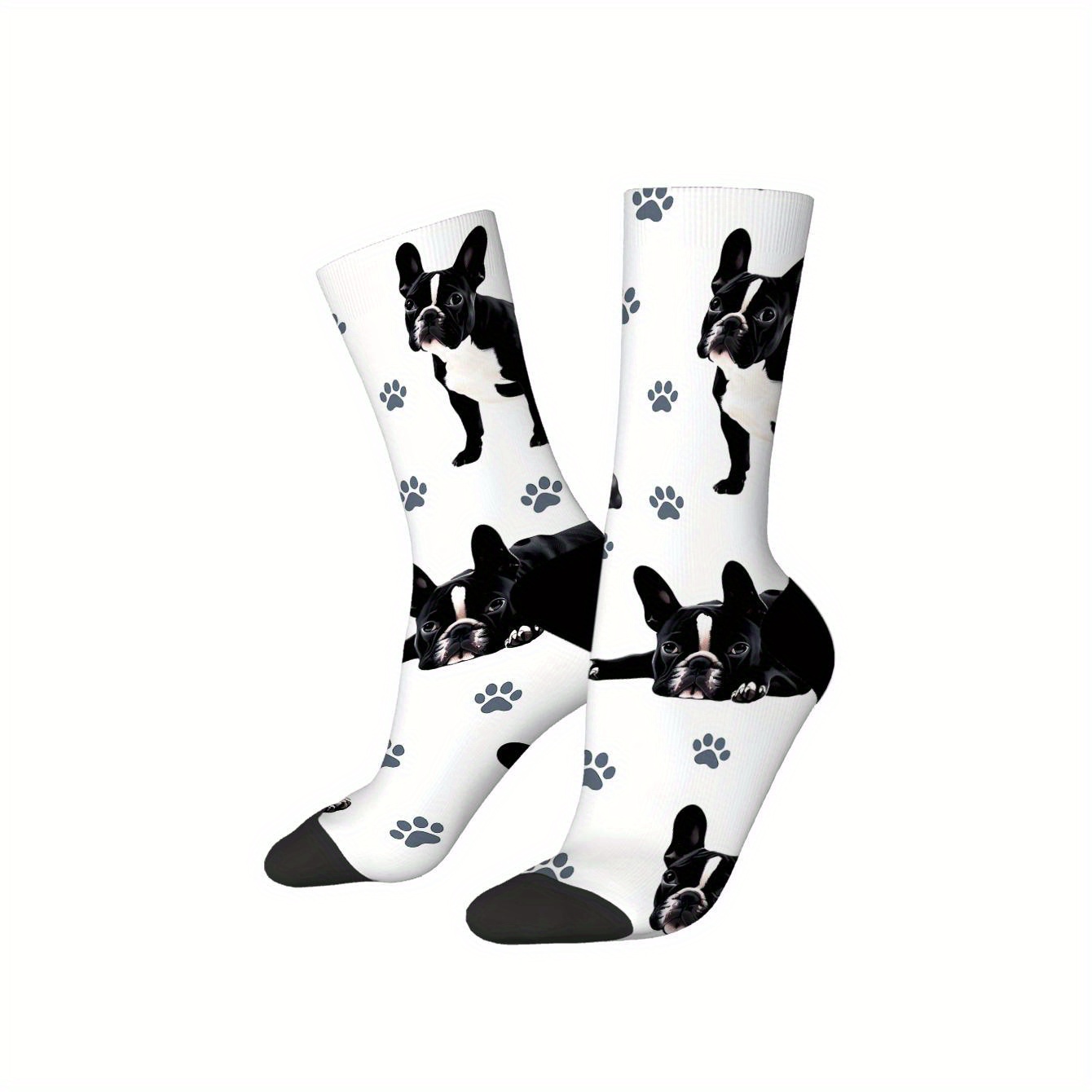 TEMU 1 Pair Of Unisex Mid-calf Socks, Featuring Bulldog And Footprints - Soft, Comfortable, And Breathable. Imaginative Socks Are Perfect For Daily